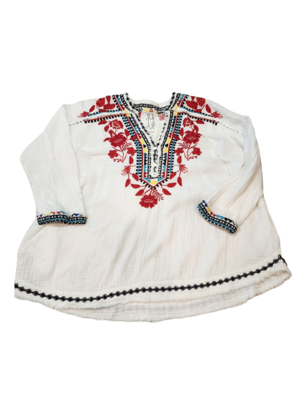Johnny Was Cotton Gauze Embroidered Peasant Blouse White Floral Top Large F10594